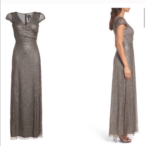 NWT Adrianna Papell sequin faux wrap gown in Lead - Picture 2 of 3